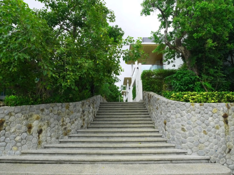 This is an image of an outdoor concrete staircase leading to a residential area.